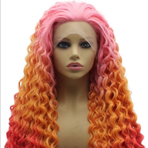 💫 24”  PINK RED ORANGE OMBRE KINKY CURLY
 LACE FRONT WIG💫 *NEW*
🆕🆕🆕 - Picture 2 of 8